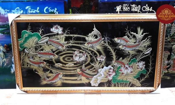 Tranh sơn mài cửu ngư quần hội đắp nổi phù điêu đẹp